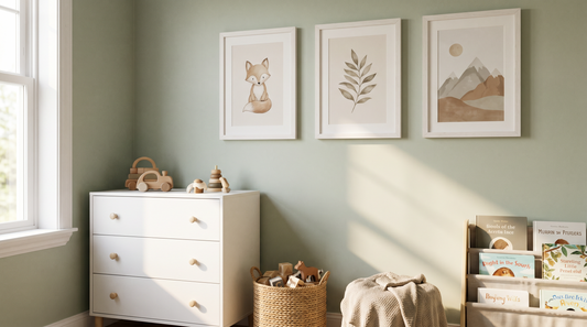 Kids room wall decor ideas with framed animal and nature prints above a low white dresser