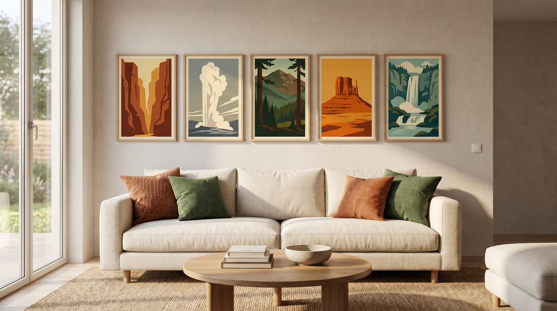 National park poster decor: framed vintage-style park prints grouped on a living room wall