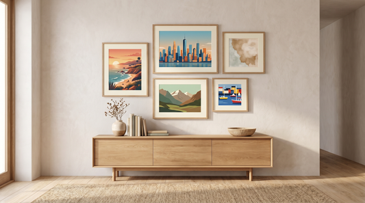 Travel gallery wall ideas: framed city prints, a coastline scene, and a map grouped above a console