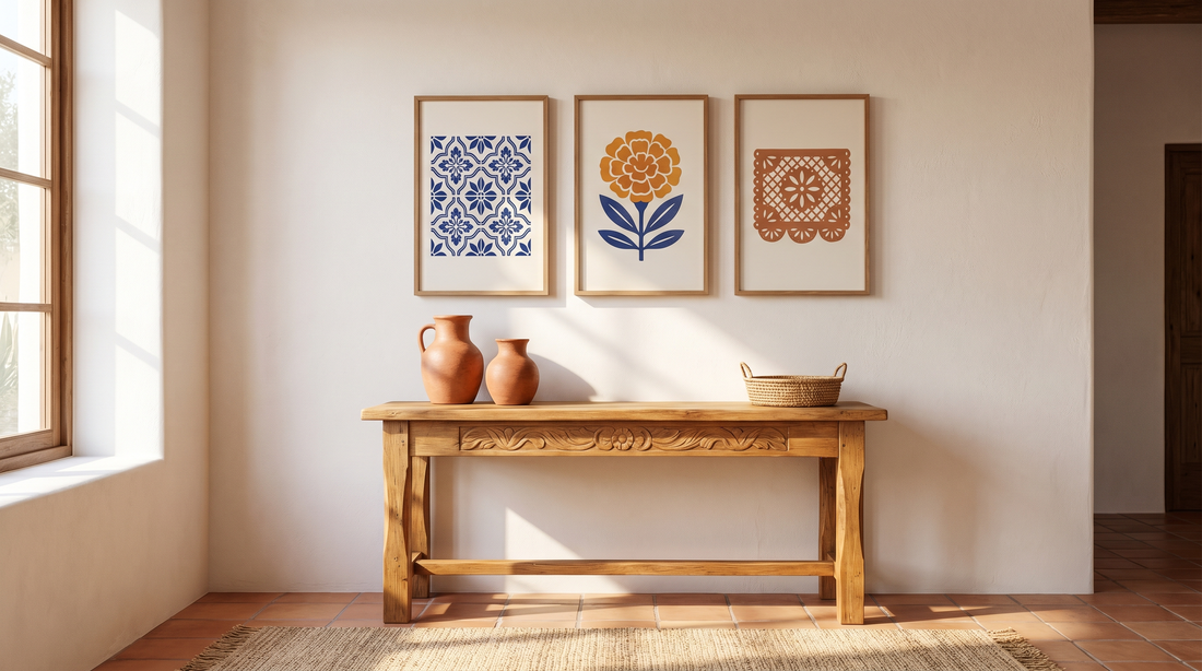 Authentic Mexican decor ideas with framed folk-art prints above a warm wood console and clay vessels