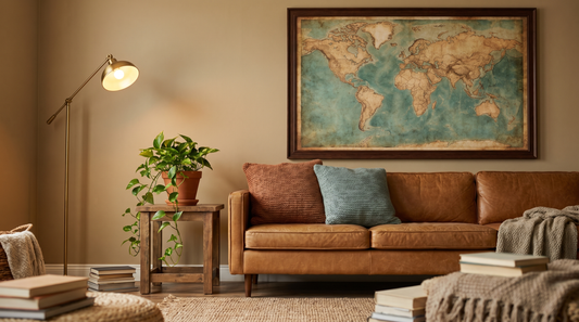 World map wall art ideas with a large vintage-style map framed above a sofa in a warm living room