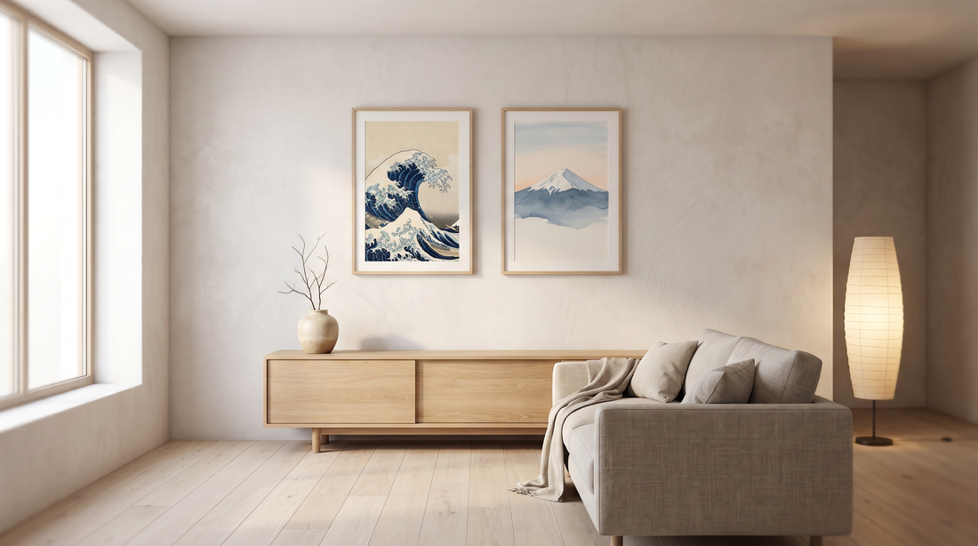 Japanese art style home decor in a calm living room with a framed stylized wave print and a single Mount Fuji study
