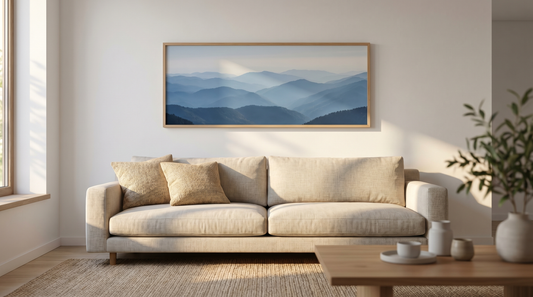 Landscape wall art arrangement ideas: one wide framed mountain scene centered above a low linen sofa