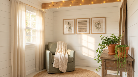 She shed decorating ideas with framed botanical prints, a cozy chair, plants, and warm string lights