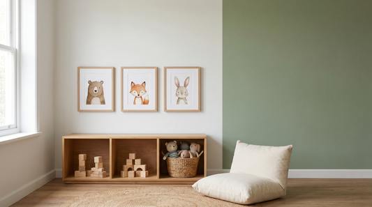 Playroom wall art ideas: a tidy row of framed animal prints hung low above a wooden toy shelf