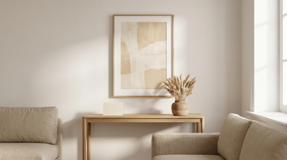 Certificate of authenticity art meaning, a framed print on a wall beside a small plain certificate card on a console table