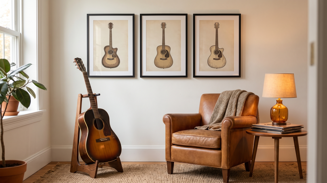Guitar wall art decor ideas in a music corner with three framed prints above an acoustic guitar