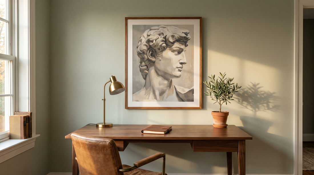 Stoic philosophy poster ideas styled above a wood desk in a calm home office