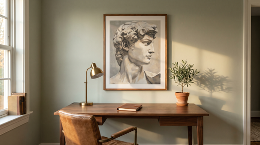Stoic philosophy poster ideas styled above a wood desk in a calm home office