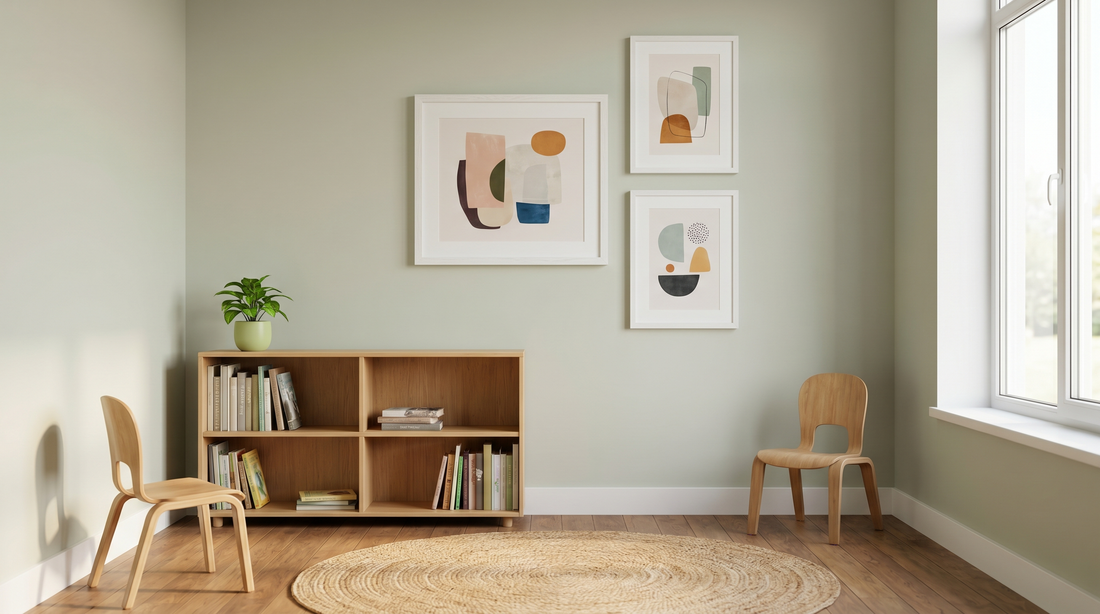 Growth mindset poster ideas styled as framed abstract prints above a classroom reading nook with desks and plants