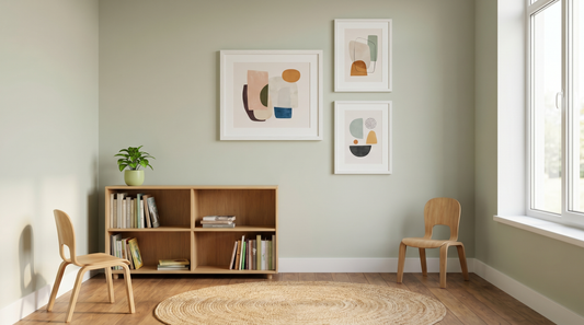 Growth mindset poster ideas styled as framed abstract prints above a classroom reading nook with desks and plants