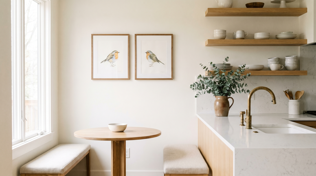 Bird art home decor ideas: framed songbird prints on a warm white kitchen wall