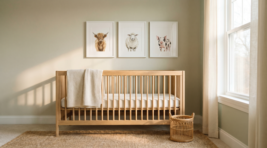 Farm animal wall art ideas: a set of three framed watercolor animal prints above a crib in a soft neutral nursery