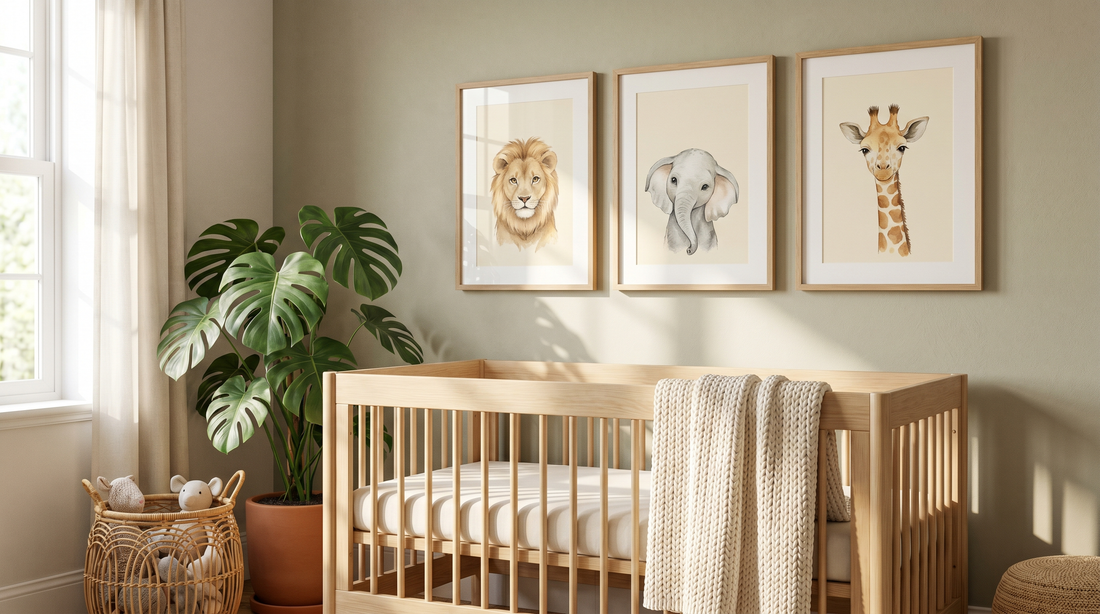 Safari animal wall art in a warm nursery with framed lion, elephant, and giraffe prints above a crib