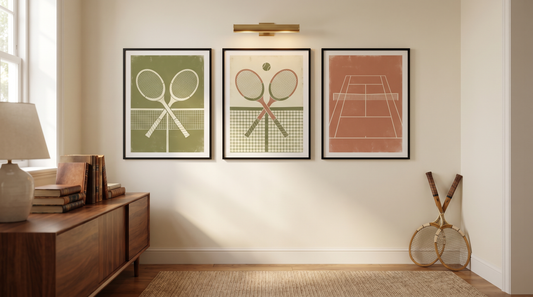 Vintage style tennis wall art framed in a row above a console as tennis decor ideas home