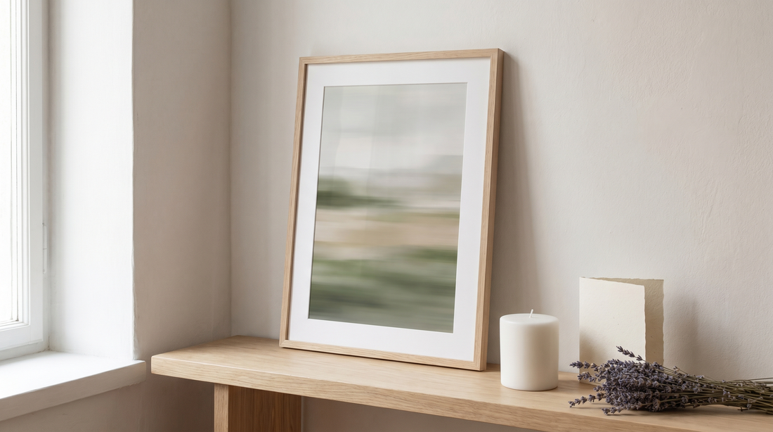 Meaningful sympathy gift ideas: a framed remembrance print on a quiet shelf beside a candle and a handwritten note