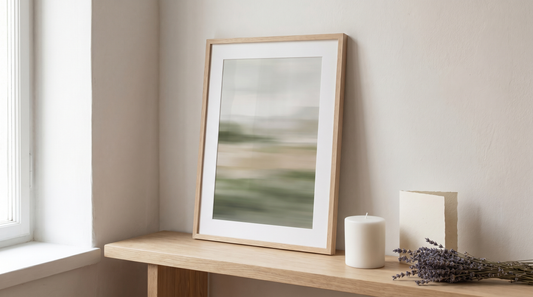 Meaningful sympathy gift ideas: a framed remembrance print on a quiet shelf beside a candle and a handwritten note