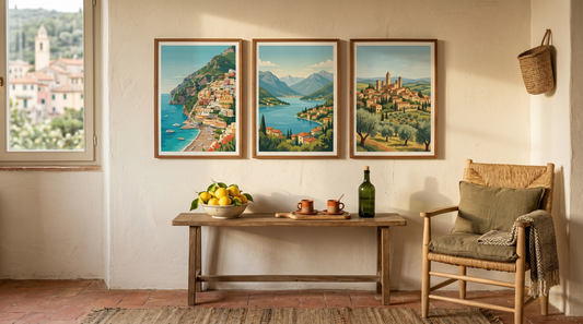 Italian poster decor ideas styled as a gallery wall above a console with lemons and espresso cups