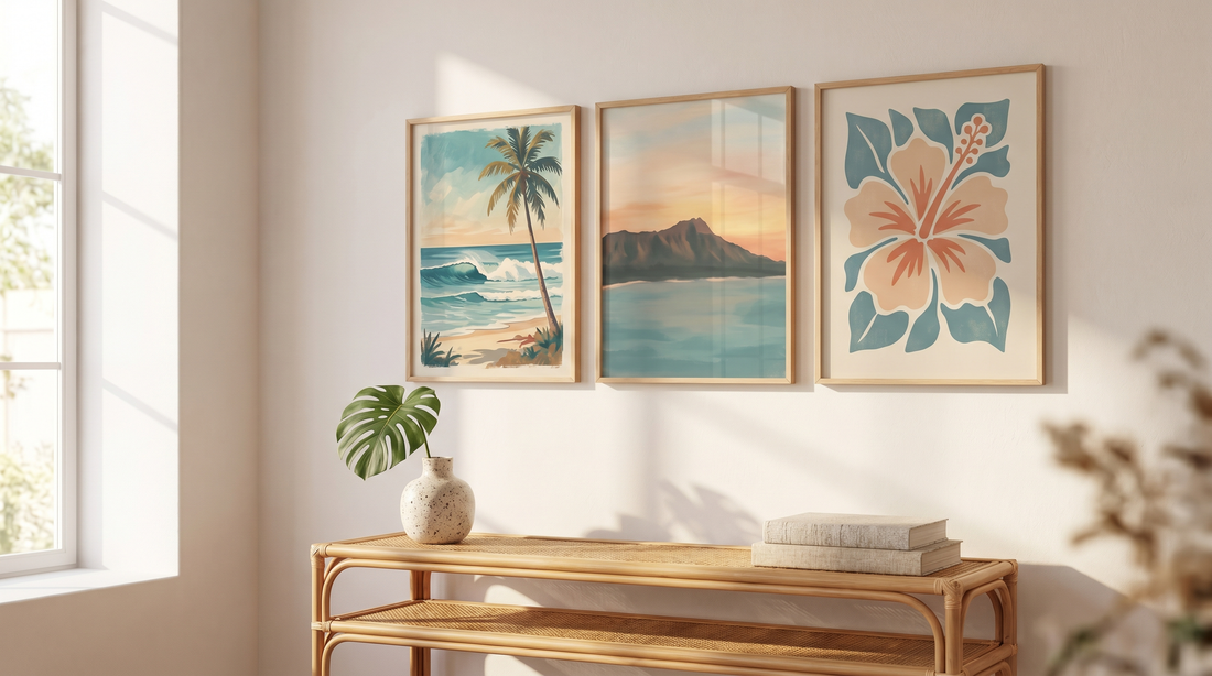 Hawaii poster decor ideas with three framed vintage-style island travel prints above a rattan console