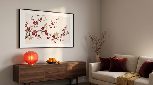 Chinese new year decor ideas: a framed red and gold plum blossom print above a console with a paired lantern