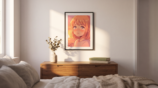 Anime character portrait ideas: a framed original anime-style portrait hung above a bedroom dresser