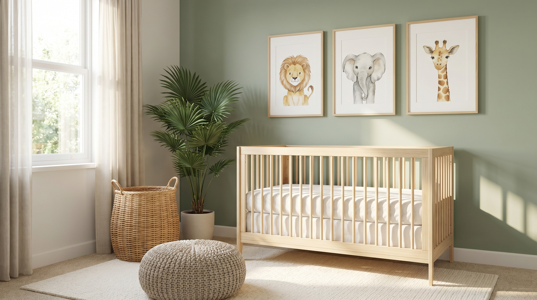 Safari nursery decor ideas: framed lion, elephant and giraffe art above a wood crib in a soft green room