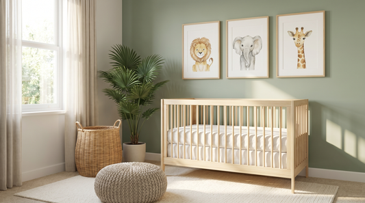 Safari nursery decor ideas: framed lion, elephant and giraffe art above a wood crib in a soft green room