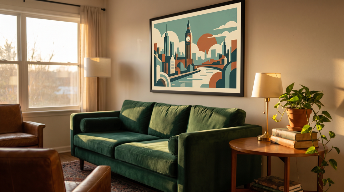 London poster design ideas styled on a living room wall in vintage travel-poster style