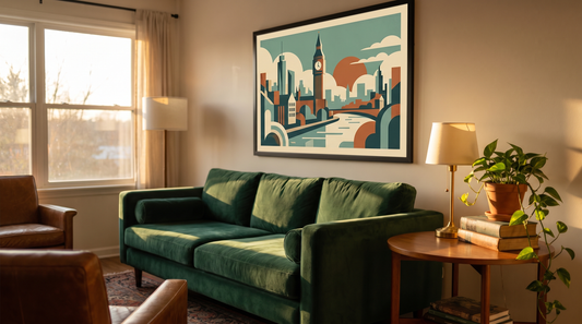London poster design ideas styled on a living room wall in vintage travel-poster style