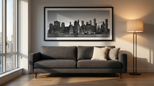 New York poster ideas styled above a sofa, black-and-white Manhattan skyline in a black frame