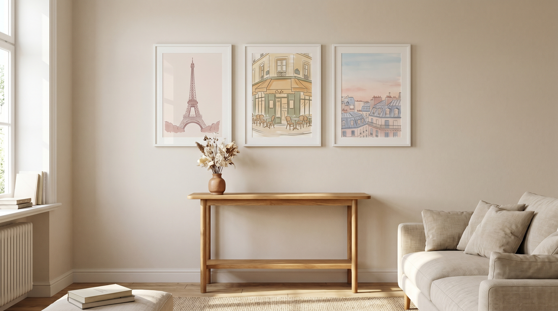 Creative Paris poster ideas: three framed Eiffel Tower and cafe prints grouped above a console