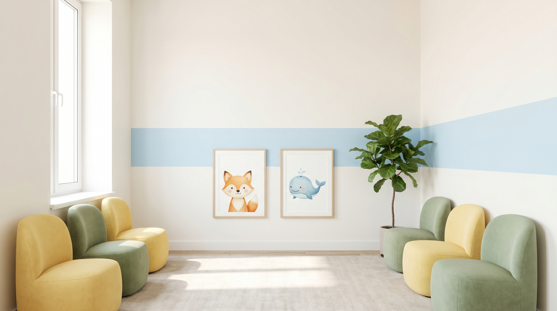 Kid-friendly pediatric clinic waiting room with friendly framed animal art hung low for children