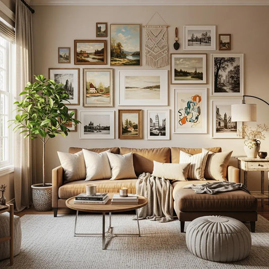 Living room with wall art hung at ideal height, showcasing a cozy and stylish decor
