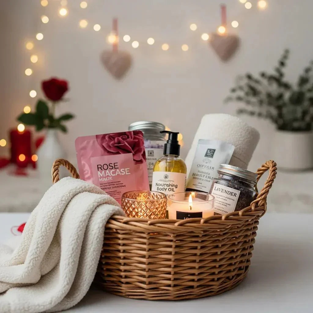 Romantic self-care gift basket with skincare products and candles for Valentine's Day