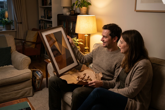 8th anniversary gift for him: a man unwrapping a dark wood framed bronze-toned print beside his wife
