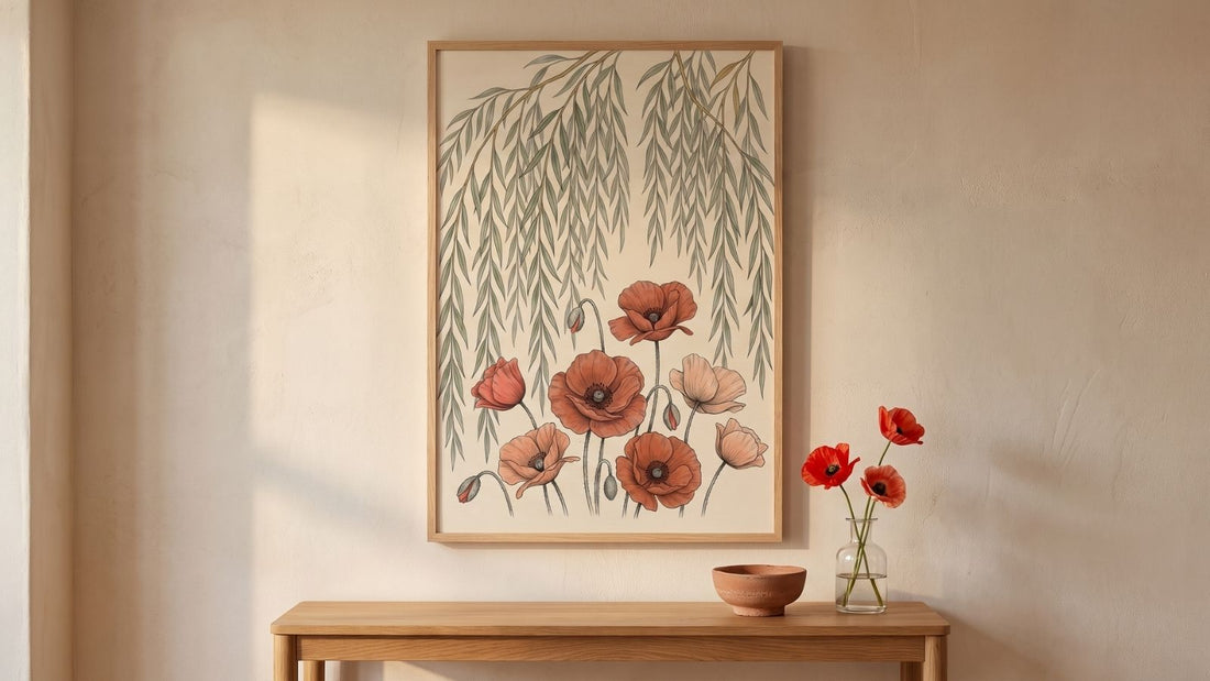 Willow and poppy 9th anniversary print in a natural wood frame above an oak console with a terracotta bowl