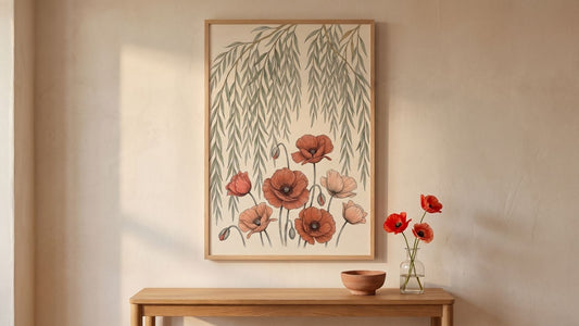 Willow and poppy 9th anniversary print in a natural wood frame above an oak console with a terracotta bowl