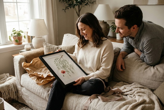 9th anniversary gift for her: a woman unwrapping a framed willow and poppy botanical print beside her partner