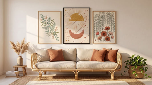 Golden Arc celestial print between two botanical prints in a gathered cluster above a rattan boho sofa