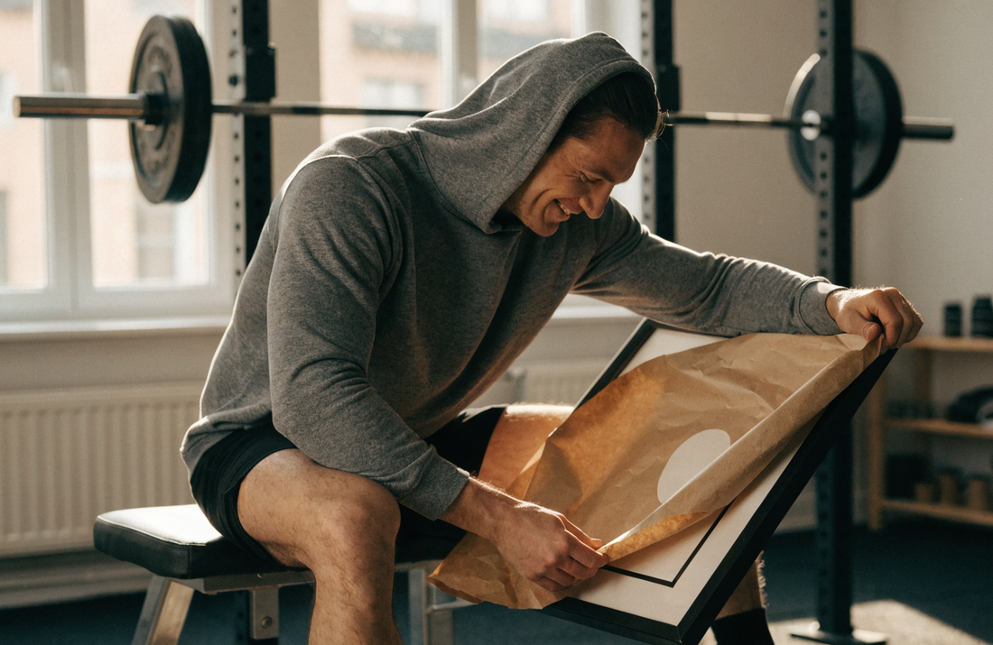 Gifts for gym lovers: a man in a lifting hoodie unwrapping a large black-framed print on the bench in his home gym