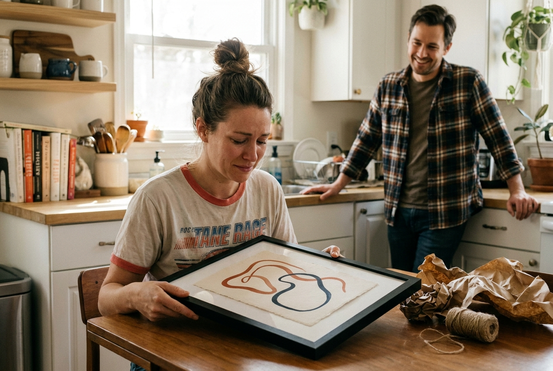 Gifts for runners: a woman in a race shirt unwrapping a framed minimalist print at her kitchen table