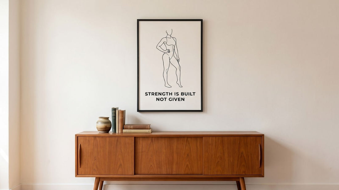 Framed single line drawing of a standing figure on a pale wall above a low wood credenza