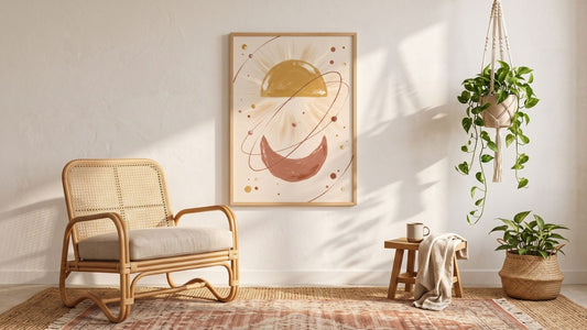 Golden Arc celestial print in a wood frame above a rattan chair in a sunlit boho living room with layered rugs