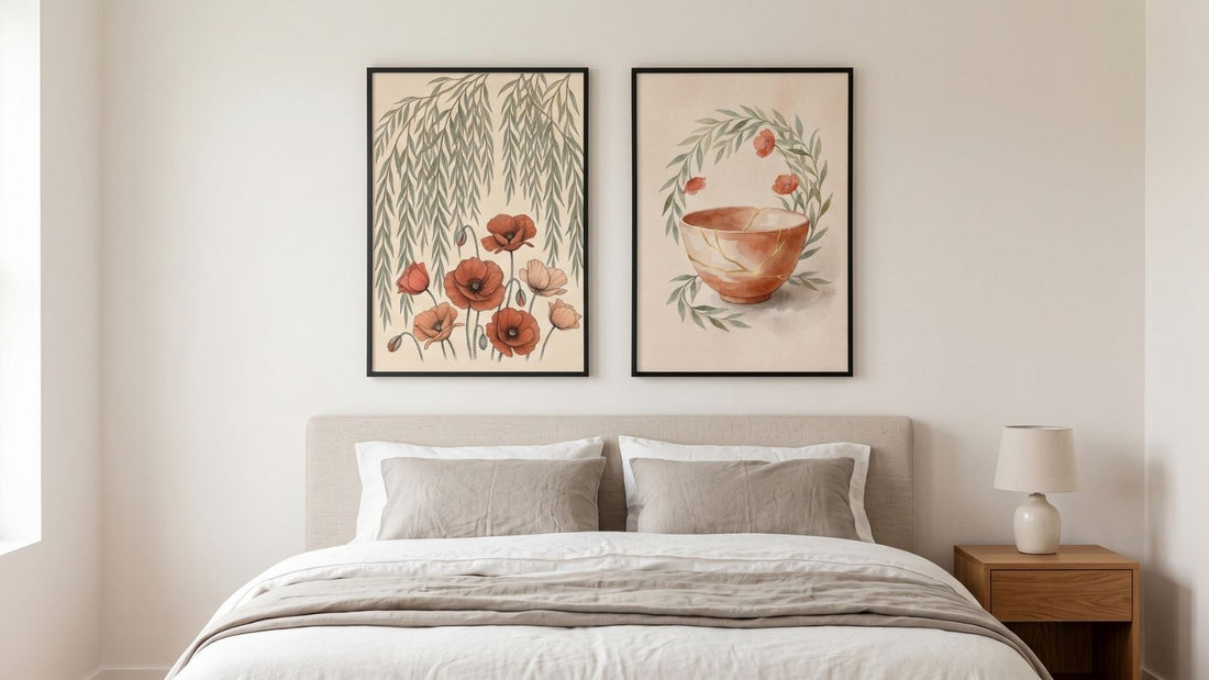 Two framed botanical prints hung as a pair above a queen bed, together spanning about two-thirds of the bed width
