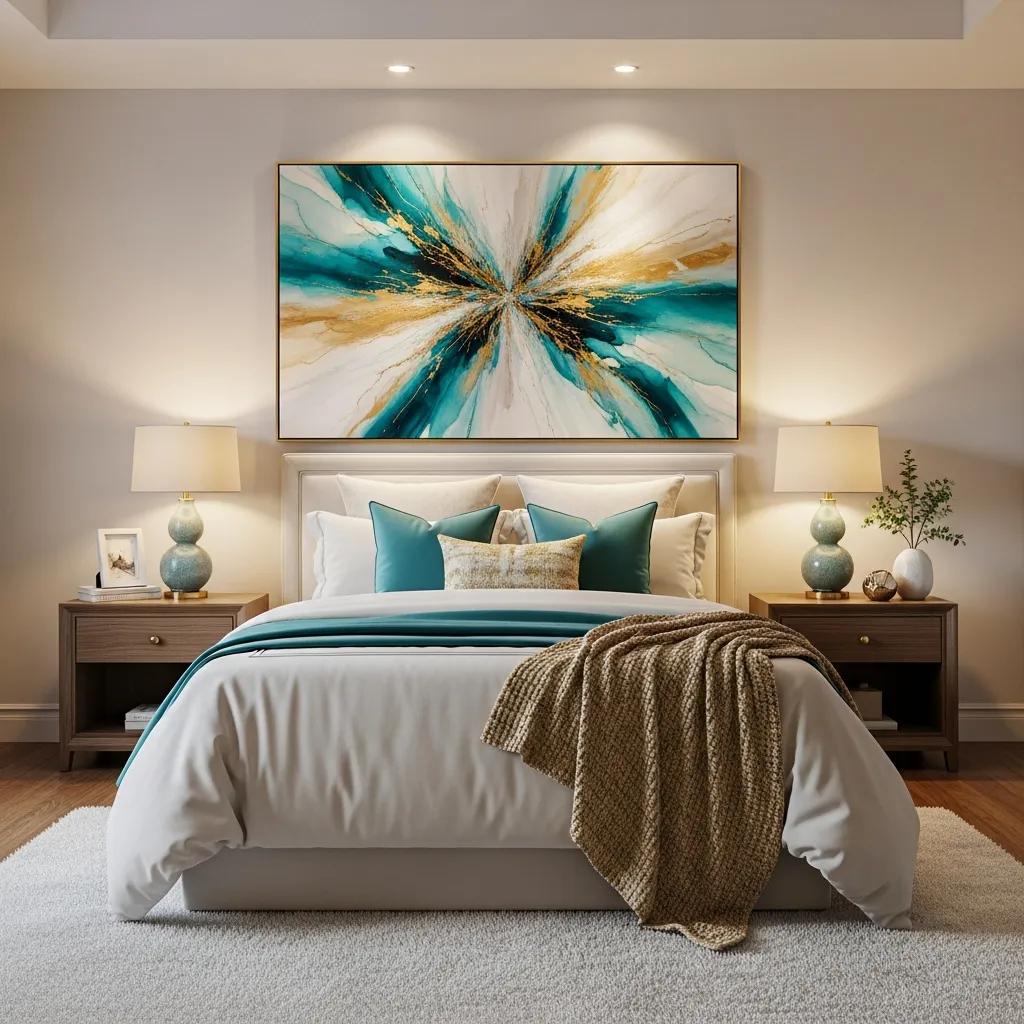 Stylish bedroom with queen bed and vibrant wall art enhancing decor