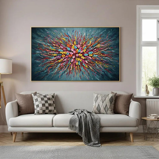 Vibrant art piece above a modern couch in a stylish living room