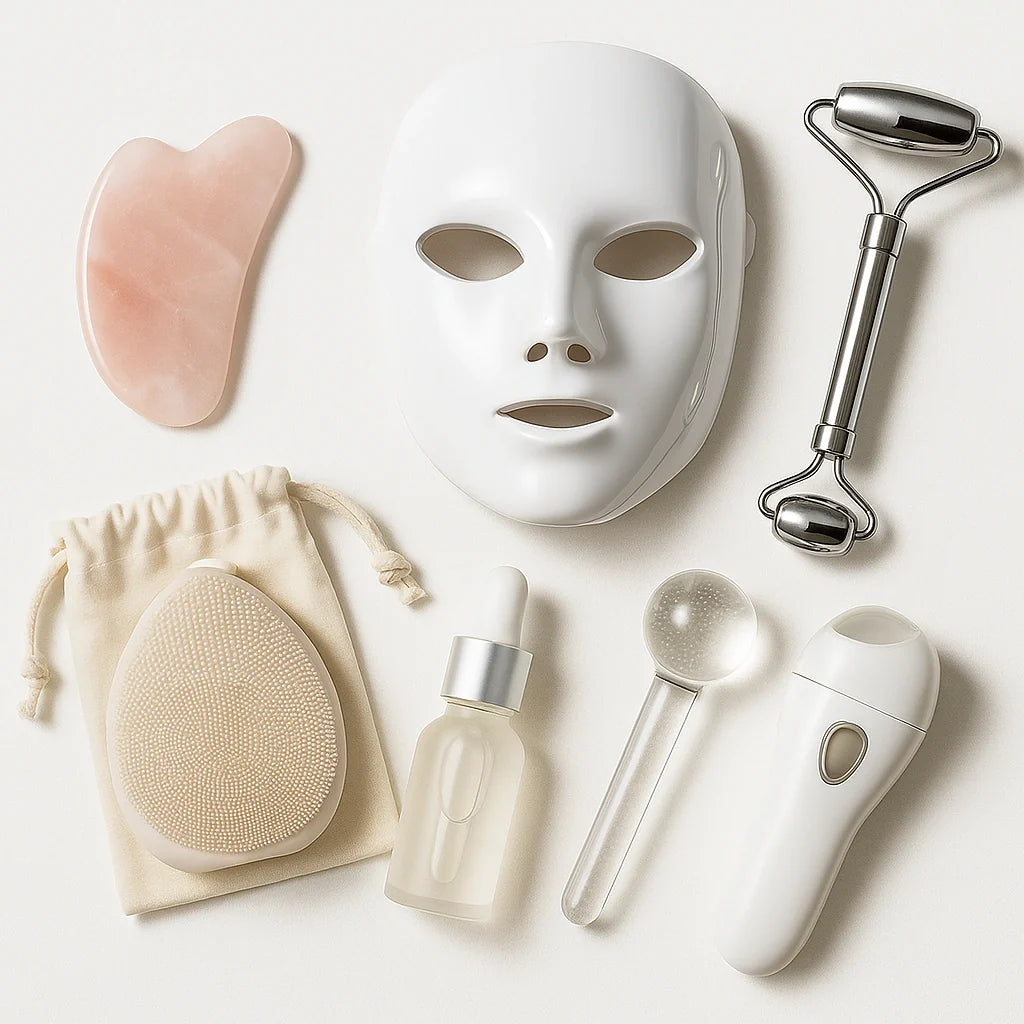 Gua sha, LED facial mask, facial roller, ice globes, and a small pouch on a clean white surface.