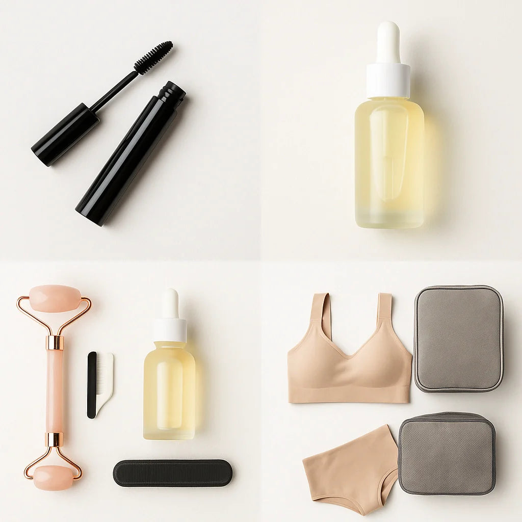 Grid of bestselling items: mascara, serum, face roller, bra, and organizer.