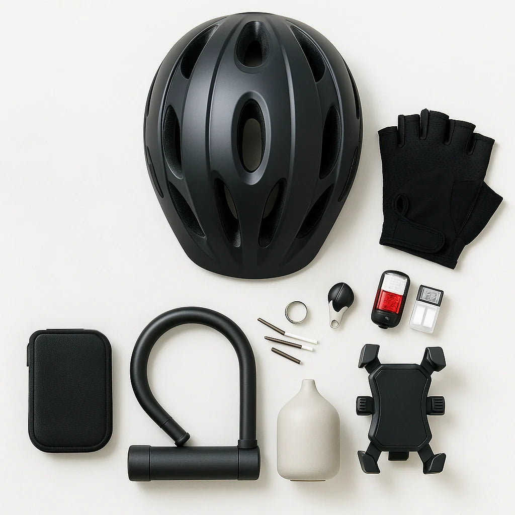 Bike helmet with lock, LED lights, cycling gloves, and a phone mount arranged on a white background.