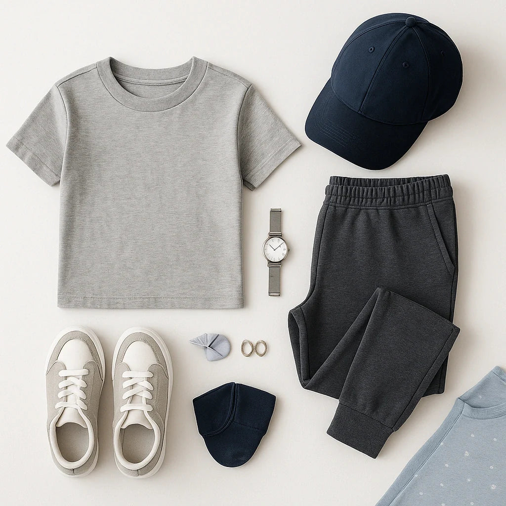 Boys tee, joggers, sneakers, and cap arranged neatly on a white background.